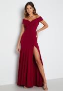 Goddiva Bardot Pleat Maxi Split Dress Wine-red XL (UK16)