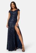 Goddiva Sequin Bardot Pleat Maxi With Split Navy XL (UK16)