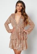 John Zack Sequin Deep V Ruffle Skater Dress Rose Gold XS (UK8)