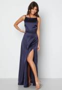 Bubbleroom Occasion Drapy-Back Slit Satin Gown Navy 36