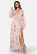 Goddiva Floral Long Sleeve Chiffon Maxi Dress Latte S (UK10)