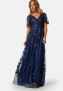 Goddiva Embroidered Flutter Maxi Dress Navy M (UK12)