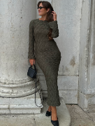 BUBBLEROOM Structure Long Sleeve Midi Dress Khaki green L