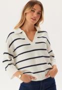 Pieces Pcmikela 3/4 V-NECK POLO KNIT  Cloud Dancer Stripes:maritime  L