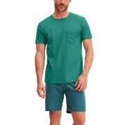 Calida Relax Imprint O Neck Short Pyjama Grön bomull Large Herr