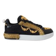 Dolce & Gabbana Svart Guld Barock Portofino Läder Sneakers Black, Dam