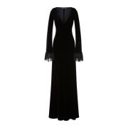 Alberta Ferretti Sammet Lång Klänning med Romantiska Volanger Black, D...