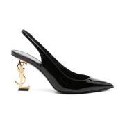 Saint Laurent Svarta Patent Slingback Pumps med Guld Logo Black, Dam