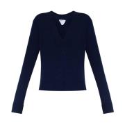 Bottega Veneta Navy Cashmere V-Neck Ribbed Sweater Blue, Dam