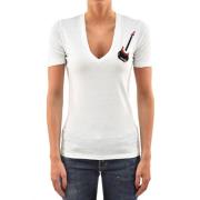 Dsquared2 Multifärgad Lädergitarr V-Hals T-Shirt för Kvinnor White, Da...