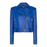 Balmain Kort läder bikerjacka Blue, Dam