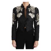 Dolce & Gabbana Svart Jacquard Kristallblommig Jacka Black, Dam