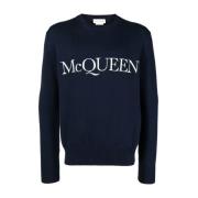 Alexander McQueen Blå Logo Broderad Tröja Blue, Herr