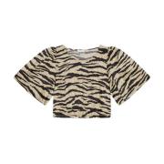 Ganni Zebra Print Knycklad Cropped T-Shirt Beige, Dam