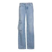 Off White Blå Cargo Jeans med Unik Målad Detalj Blue, Dam