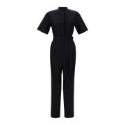 Max Mara Bomull Poplin Jumpsuit med Mandarin Krage Black, Dam