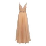 Elisabetta Franchi Lager Tulle Lång Klänning Beige, Dam