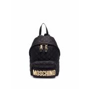 Moschino Quiltad Jet-Black Logo-Plaque Ryggsäck Black, Dam