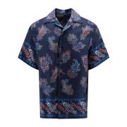 Etro Tryckt silkeskjorta med bowlingkrage Blue, Herr