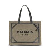 Balmain Khaki Canvas Tote Bag med Läderinsatser Beige, Dam