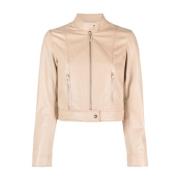 Liu Jo Beige Bikerjacka med Mandarin Krage Beige, Dam