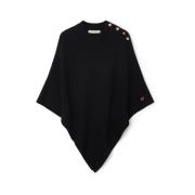 Busnel Svart V-Hals Poncho med Gyllene B-Knappar Black, Dam