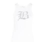 Blumarine Vit Ribbad Tanktopp med Rhinestone-Logo White, Dam