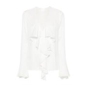 Givenchy Vit Sidenblus med Rynkad Kant White, Dam