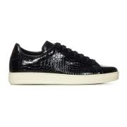 Tom Ford Svarta Lädersneakers med Gyllene Logotyp Black, Herr