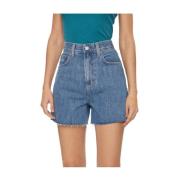 Tommy Hilfiger Högmidjade Mom Shorts i Mjuk Bomullsdemin Blue, Dam