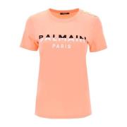 Balmain T-shirt med flocked tryck och guldtonade knappar Pink, Dam