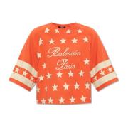 Balmain Beskuren T-shirt med logotyp Red, Dam