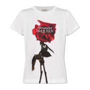 Alexander McQueen Skugga Ros tryckt T-shirt White, Dam
