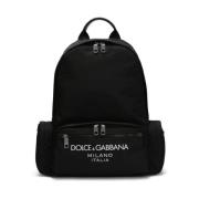 Dolce & Gabbana Svart Logotyp Tryck Ryggsäck med Dragkedja Black, Herr