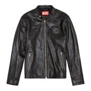 Diesel Läder bikerjacka med slitet logotyp Black, Herr