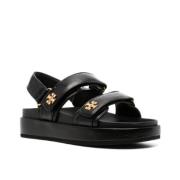 Tory Burch Svarta Lädersandaler med Touch-Strap Stängning Black, Dam