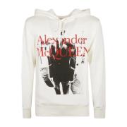 Alexander McQueen Logo Hoodie Sweatshirt Ribbed Trims White, Herr