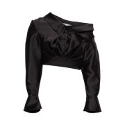 Self Portrait Cropped Taffeta Top med Asymmetrisk Halsringning Black, ...