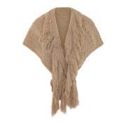 Akep Sand Lurex Stickad Cape med Fransar Beige, Dam