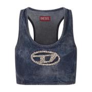 Diesel Blå Denim Ärmlös Topp med Kristall Logo Blue, Dam