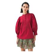 Antik Batik Bomullspoplin öppen arbetsblus Red, Dam