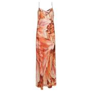 Roberto Cavalli Plumage Silk Maxi Dress Orange, Dam