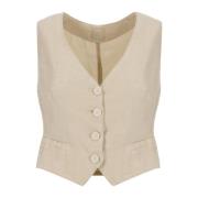 120% Lino Beige Linen V-Neck Sweater Vest Beige, Dam