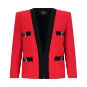 Balmain Röd Ull V-ringad Jacka med Gyllene Knappdetaljer Red, Dam