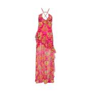 Versace Jeans Couture Fuchsia Chiffon Heart Print Maxi Dress Multicolo...