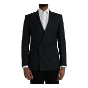 Dolce & Gabbana Svart Randig Double Breasted Coat Blazer Black, Herr