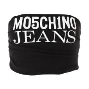 Moschino Räfflad Logo Crop Top i Svart Black, Dam