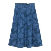 Oltre Blommig Denim Midi Kjol Blue, Dam