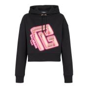 Balmain Croppad hoodie med neontryckt labyrintlogo Black, Dam