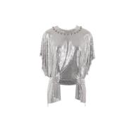 Paco Rabanne Silver Metallic Stickad Topp med Asymmetrisk Nederkant Gr...